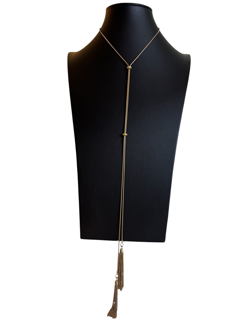 Matte Gold Tone Lariat w/ Sliding Bead Design and Tassel Drop Ends.